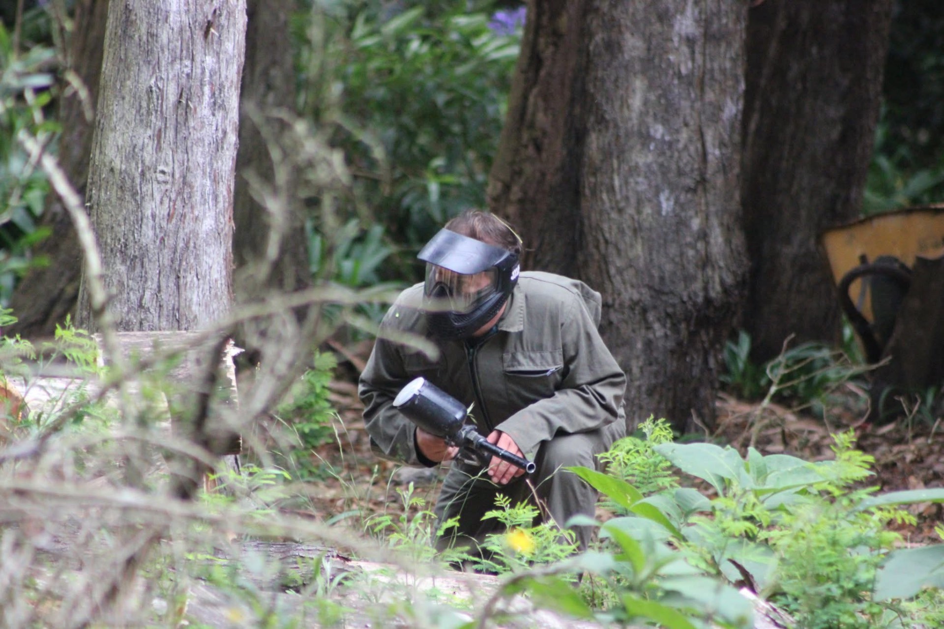 Jogador de paintball escondido atrás de troncos na floresta